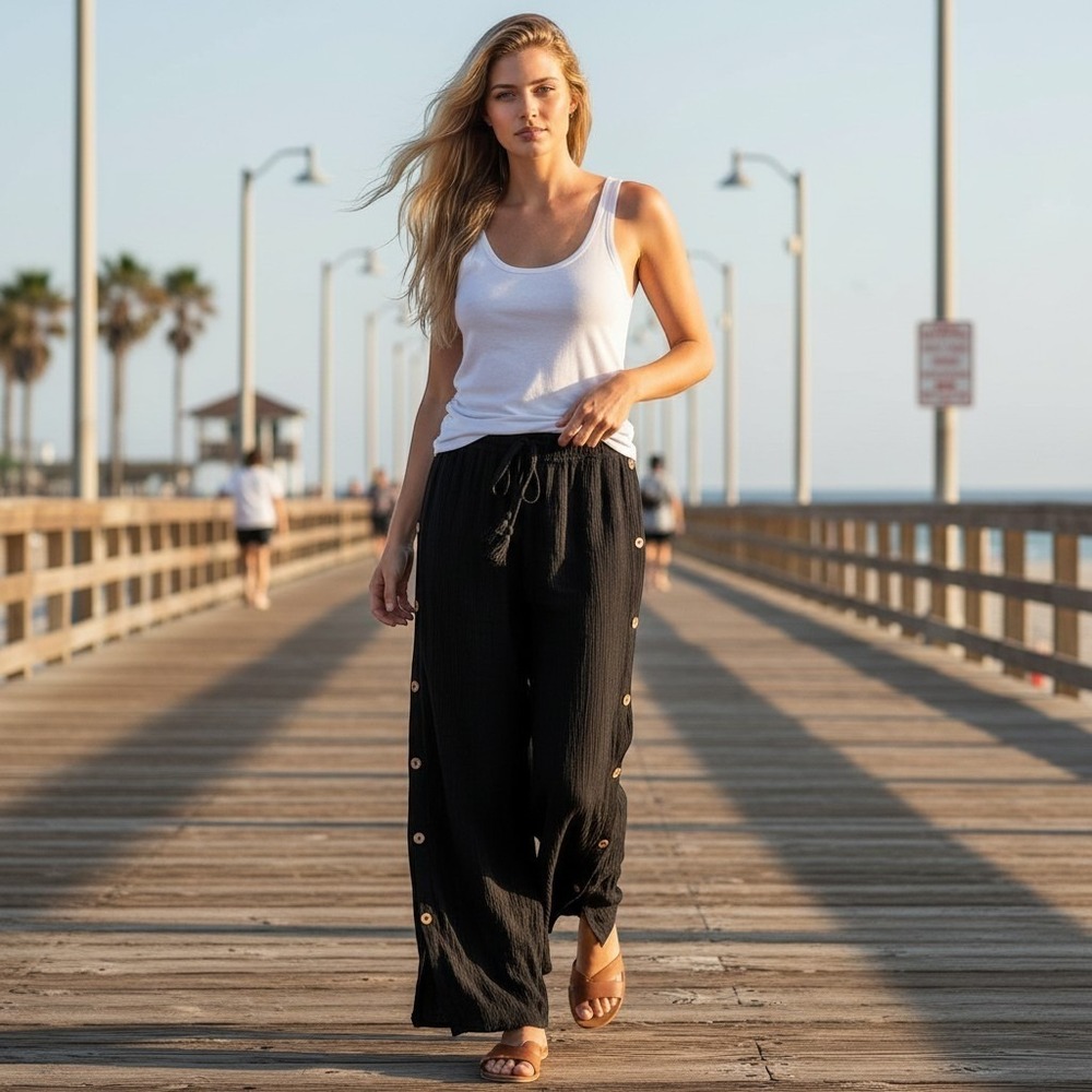 Salty Lemon Black Split Wide-Leg Palazzo Pants Breezy Boho Button Detail Sz L